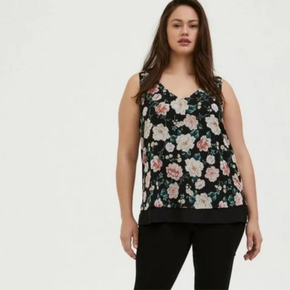 Torrid Black Floral Georgette Double Layer Swing Tank